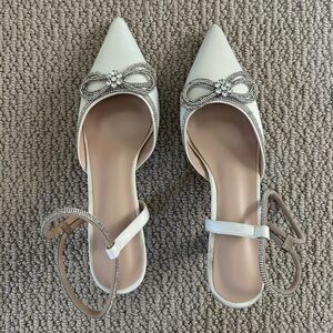 Elegant White Women's Shoes with Rhinestone Bow Detail - Wedding Shoes Size 8